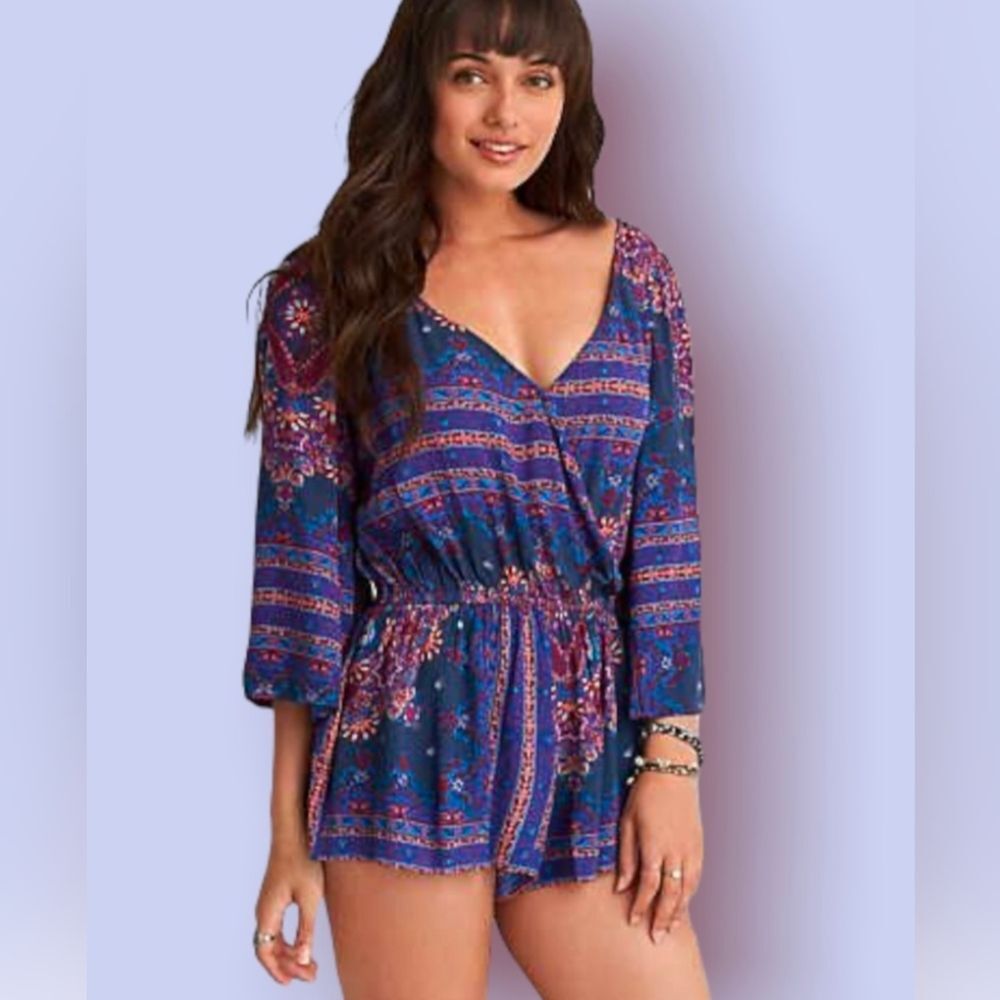 American Eagle Purple Wrap Boho Shorts Floral Romper Dress Sz S Witchy Whimsigot